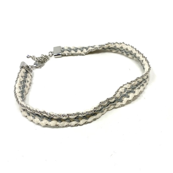 New Free People Woven Textile Chocker Necklace Silver Cream - Picture 2 of 4